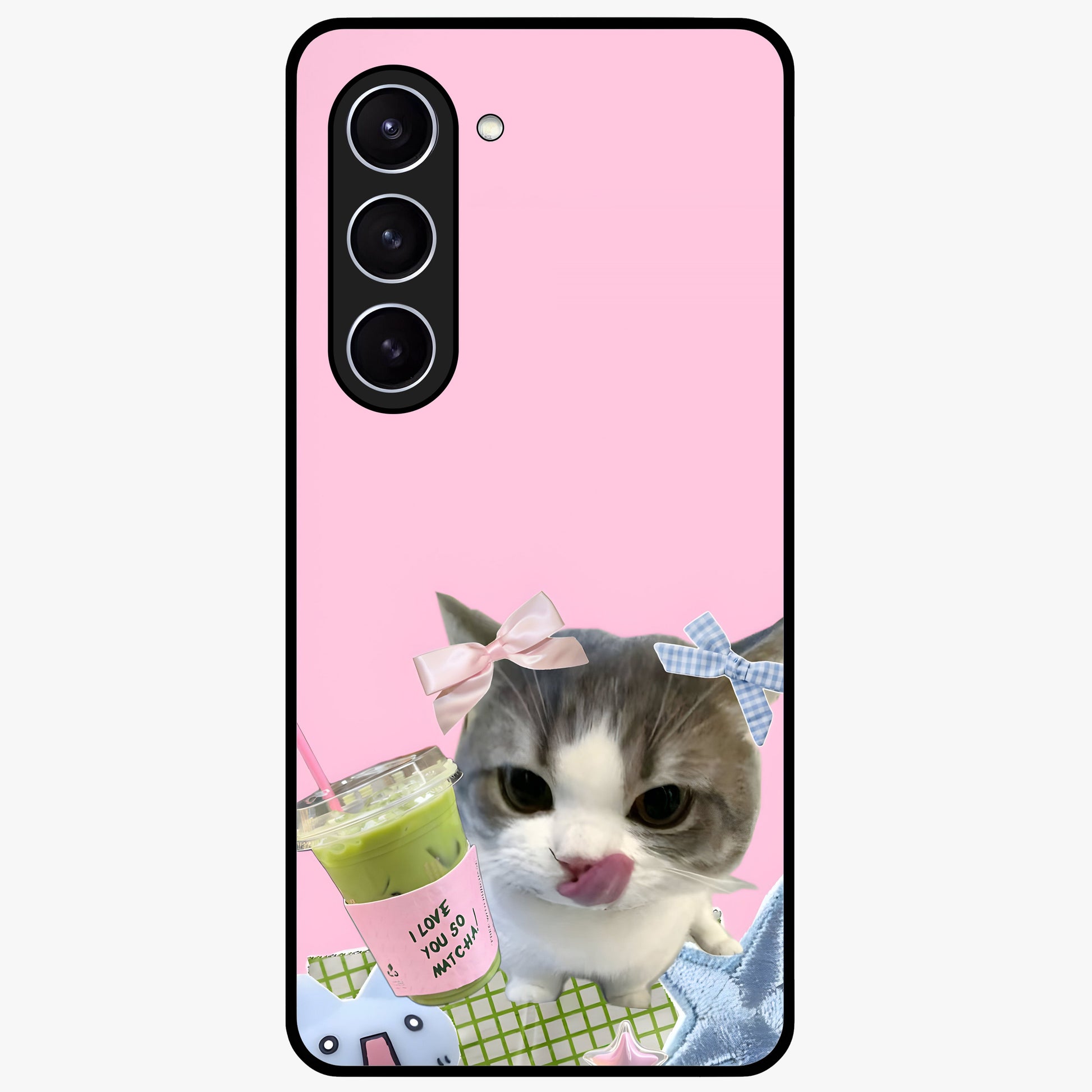 Love Matcha Cat Glass Case showing flat back view with cute cat and matcha themed artwork and glossy glass finish.