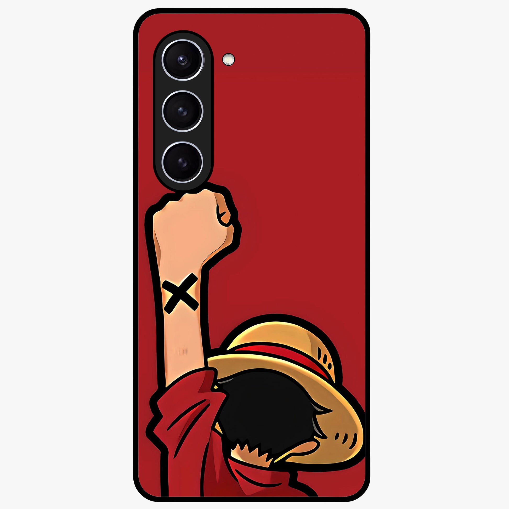 Luffy X Spirit Glass Case showing flat back view with bold anime character artwork and glossy glass finish.