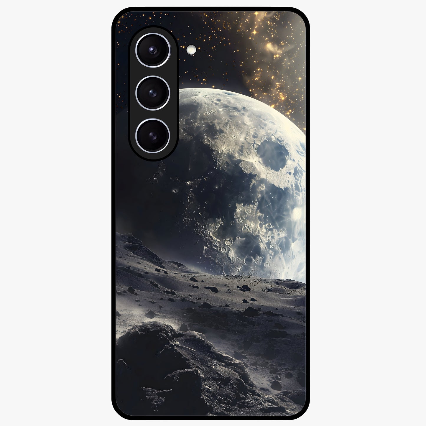 Lunar Horizon Glow Glass Case showing flat back view with glowing moon horizon artwork and glossy glass finish.