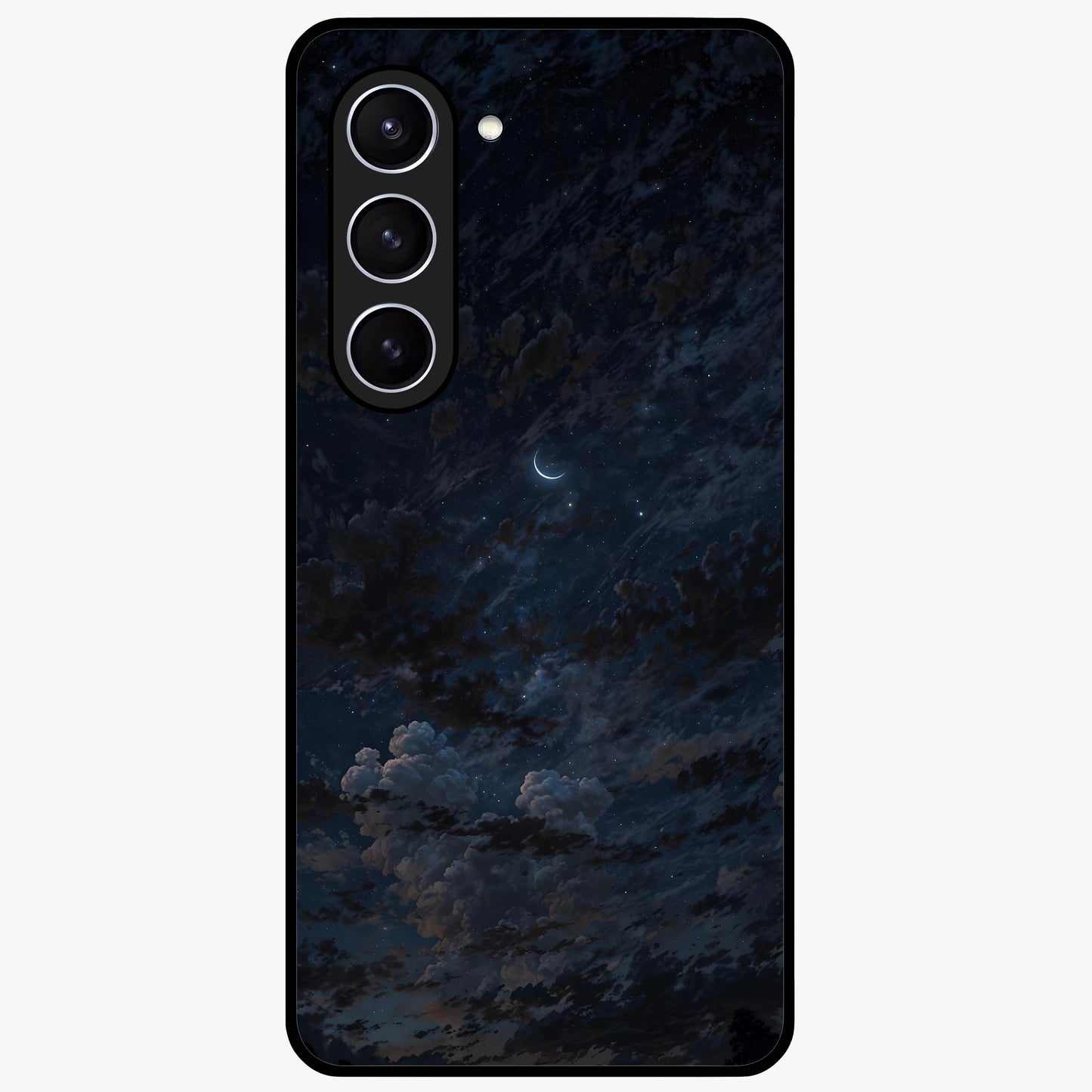 Lunar Veil Silence Glass Case showing flat back view with mystical moon veil artwork and glossy glass finish.