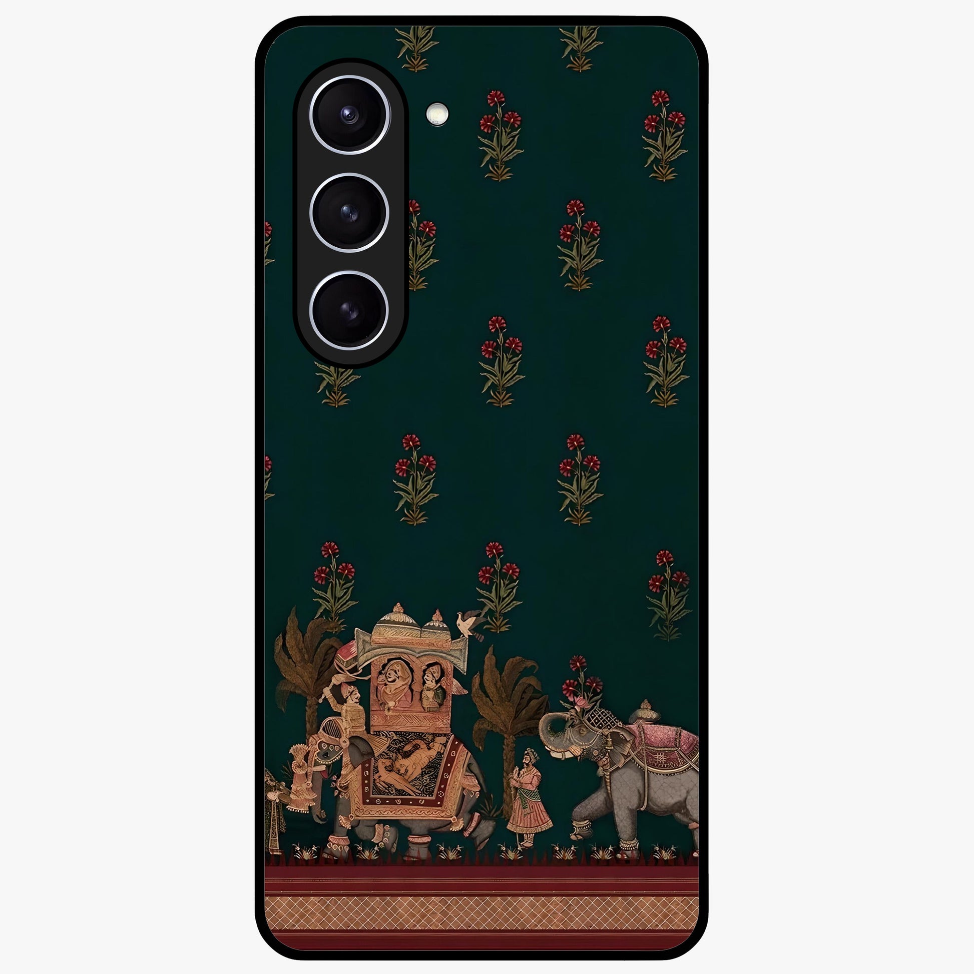 Macmerise Glass Case showing flat back view with stylish modern artwork and glossy glass finish.