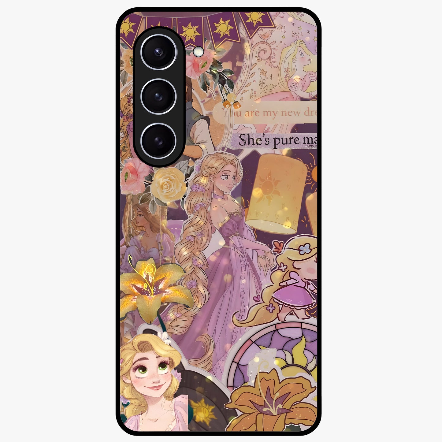 Magical Tangled Dream Glass Case showing flat back view with dreamy tangled artwork and glossy glass finish.