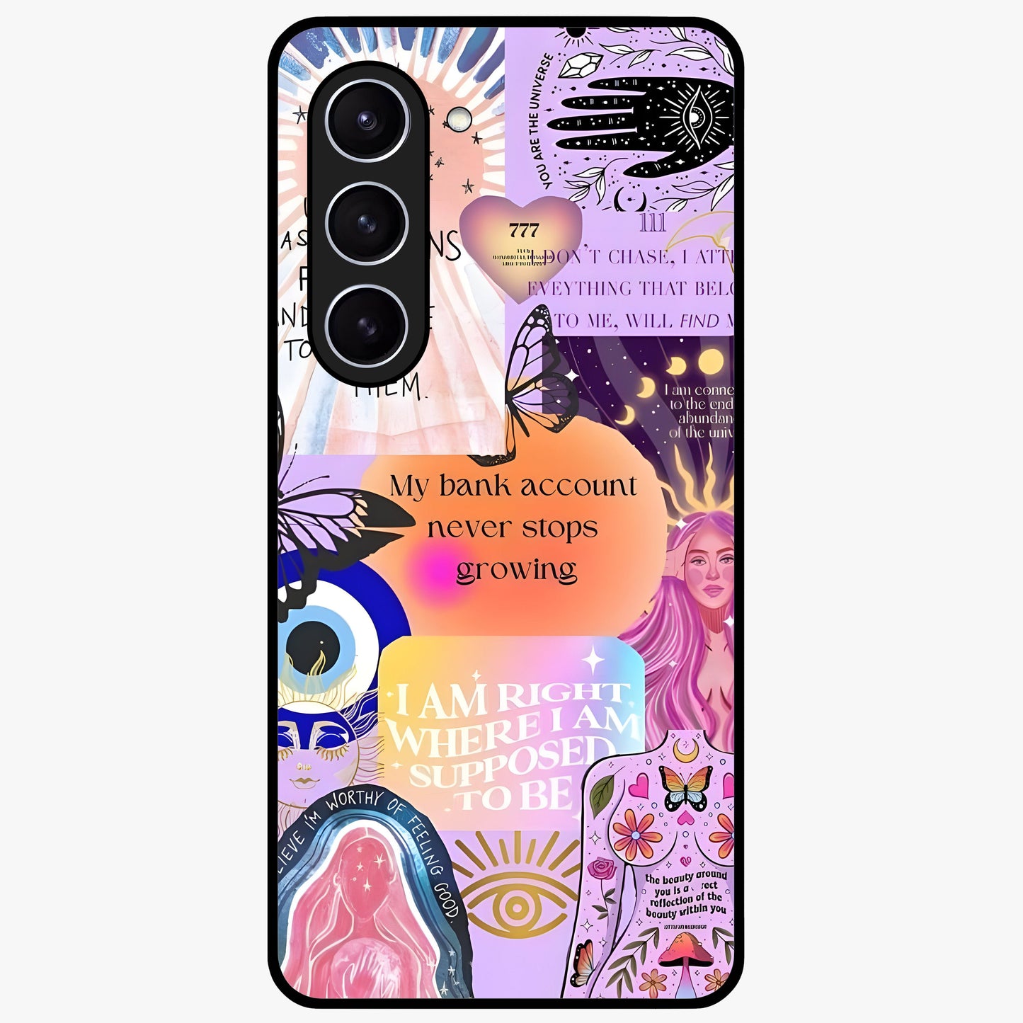 Manifestation Collage Glass Case showing flat back view with motivational collage artwork and glossy glass finish.