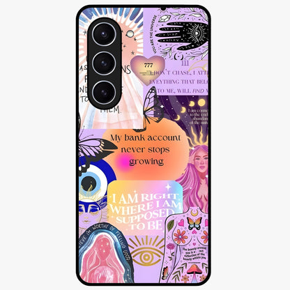Manifestation Collage Glass Case showing flat back view with motivational collage artwork and glossy glass finish.