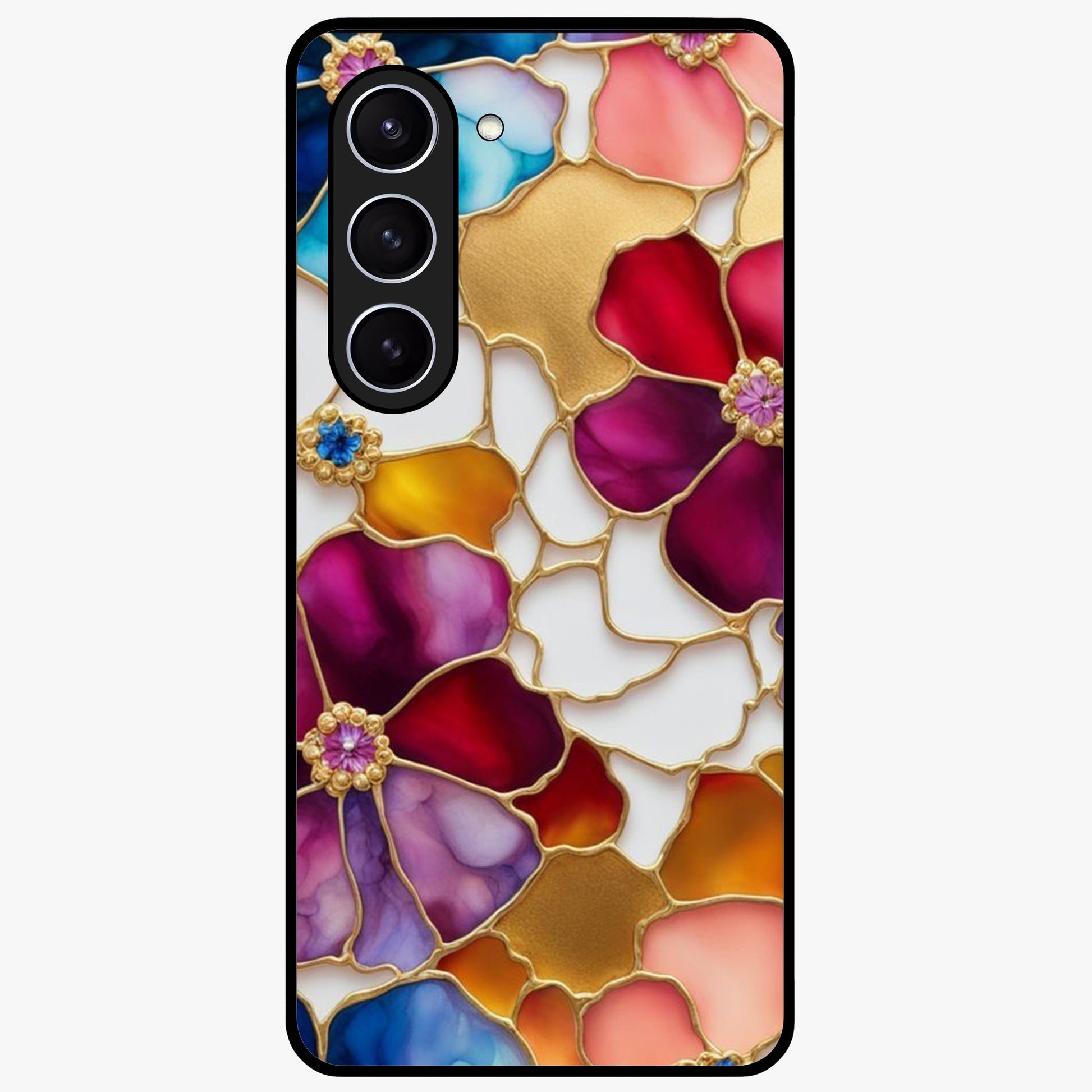 Marble Flower Pattern Glass Case showing flat back view with marble texture floral artwork and glossy glass finish.