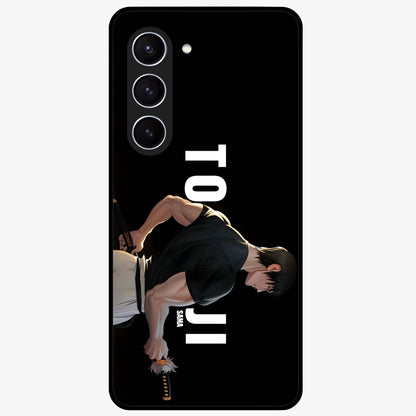 Midnight Blade Resolve Glass Case showing flat back view with dark warrior sword artwork and glossy glass finish.