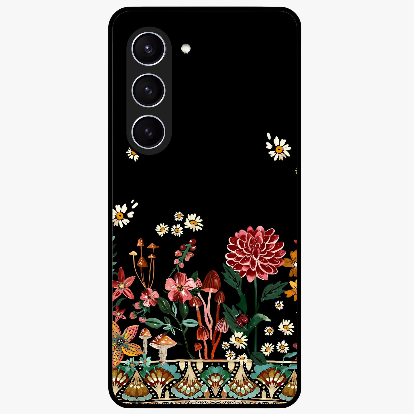 Midnight Bloom Pattern Glass Case showing flat back view with dark floral pattern artwork and glossy glass finish.
