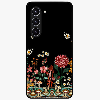 Midnight Bloom Pattern Glass Case showing flat back view with dark floral pattern artwork and glossy glass finish.