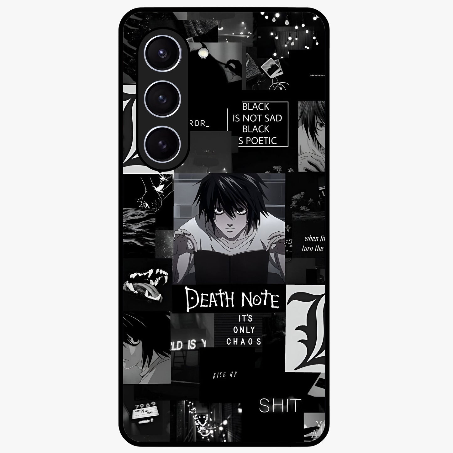 Midnight Chaos Mind Glass Case showing flat back view with abstract dark themed artwork and glossy glass finish.