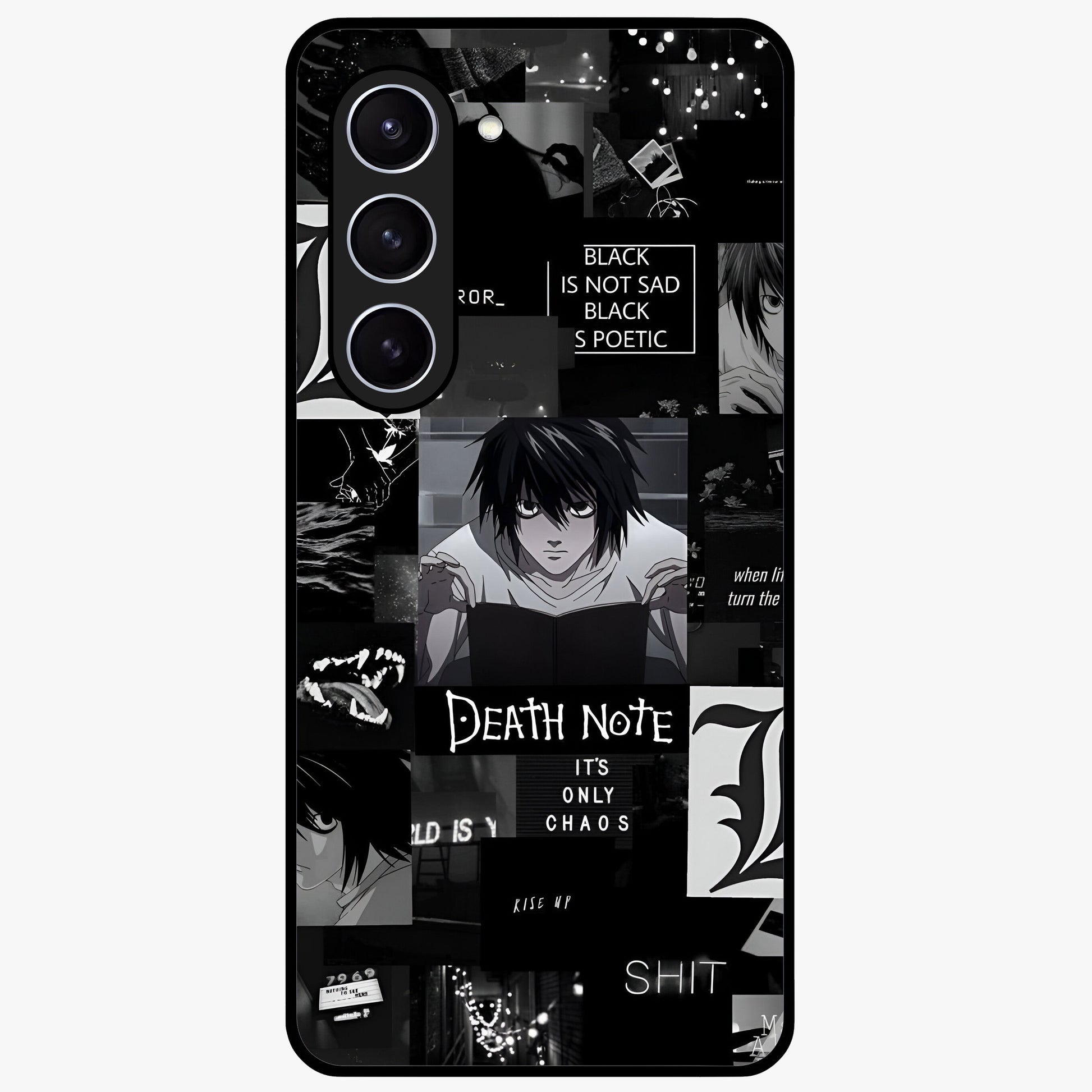 Midnight Chaos Mind Glass Case showing flat back view with abstract dark themed artwork and glossy glass finish.