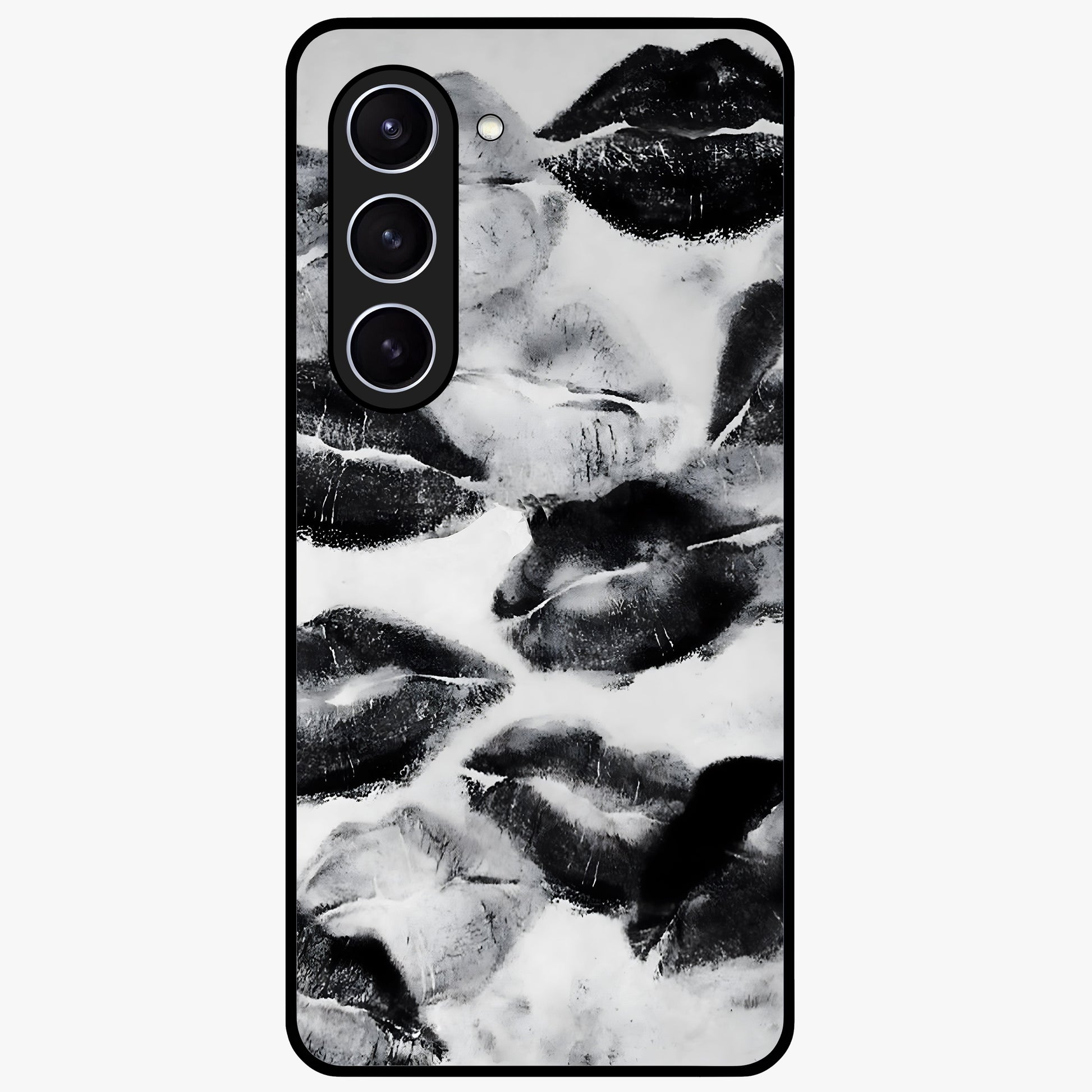 Midnight Kiss Marks Glass Case showing flat back view with lipstick kiss mark artwork and glossy glass finish.