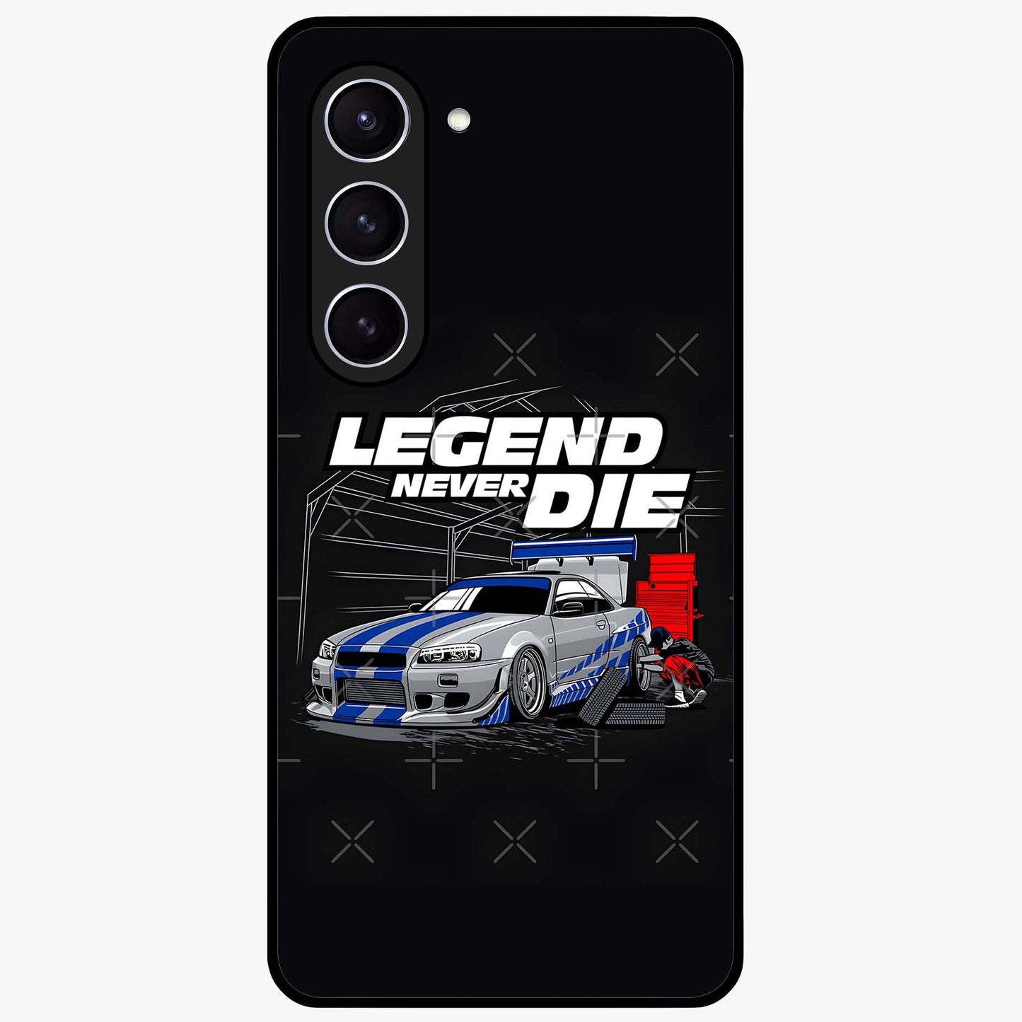 Midnight Racing Legacy Glass Case showing flat back view with sleek racing inspired artwork and glossy glass finish.