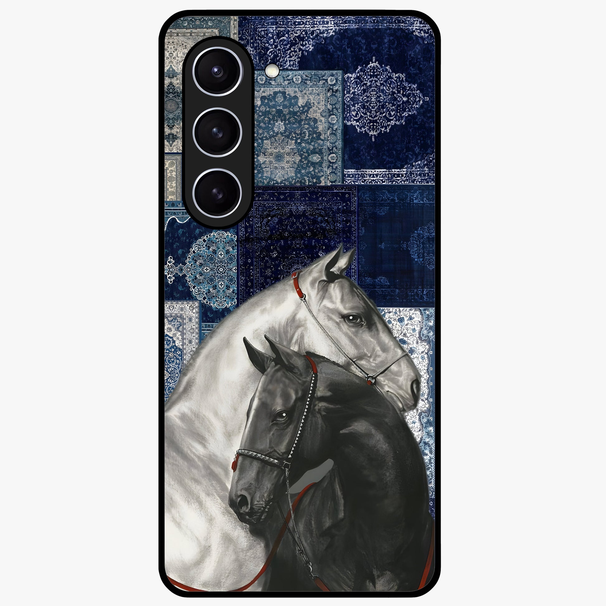 Midnight Stallion Blues Glass Case showing flat back view with majestic horse artwork and glossy glass finish.