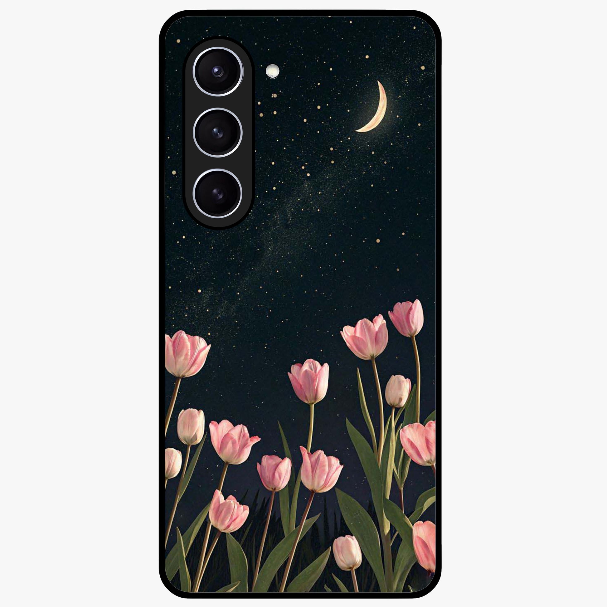Midnight Tulip Whispers Vibe Glass Case showing flat back view with elegant tulip flower artwork and glossy glass finish.