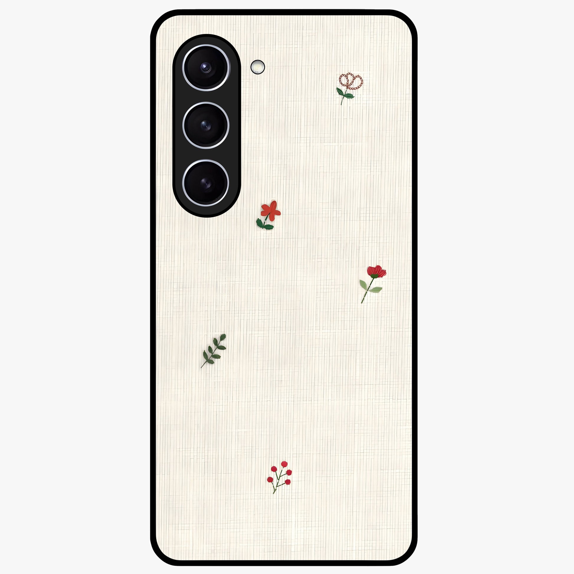 Minimal Petal Whispers Glass Case showing flat back view with soft minimal floral artwork and glossy glass finish.