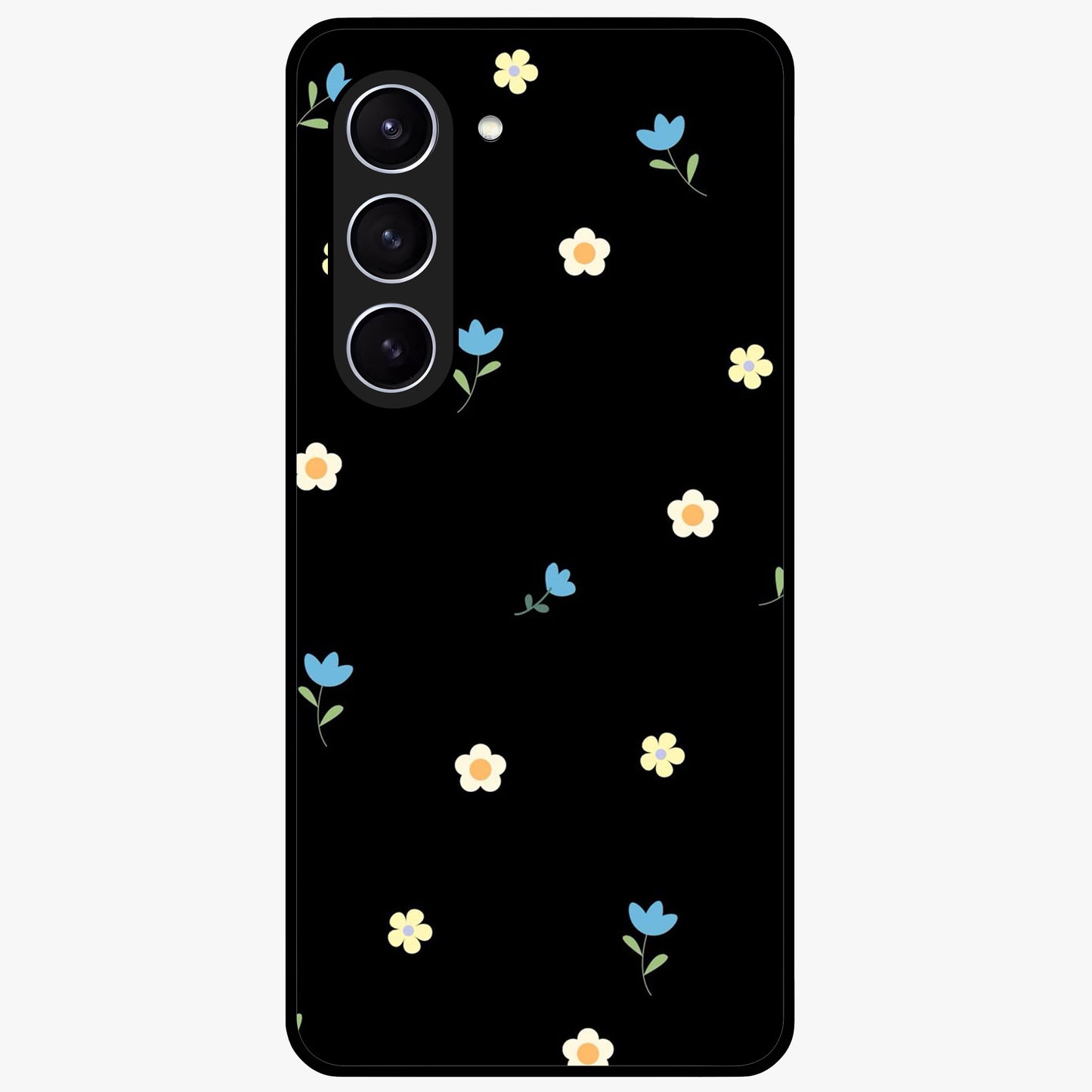 Minimalistic Blue With White Flower Pattern Glass Case showing flat back view with blue background and white flower pattern and glossy glass finish.