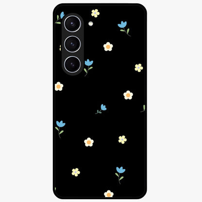 Minimalistic Blue With White Flower Pattern Glass Case showing flat back view with blue background and white flower pattern and glossy glass finish.