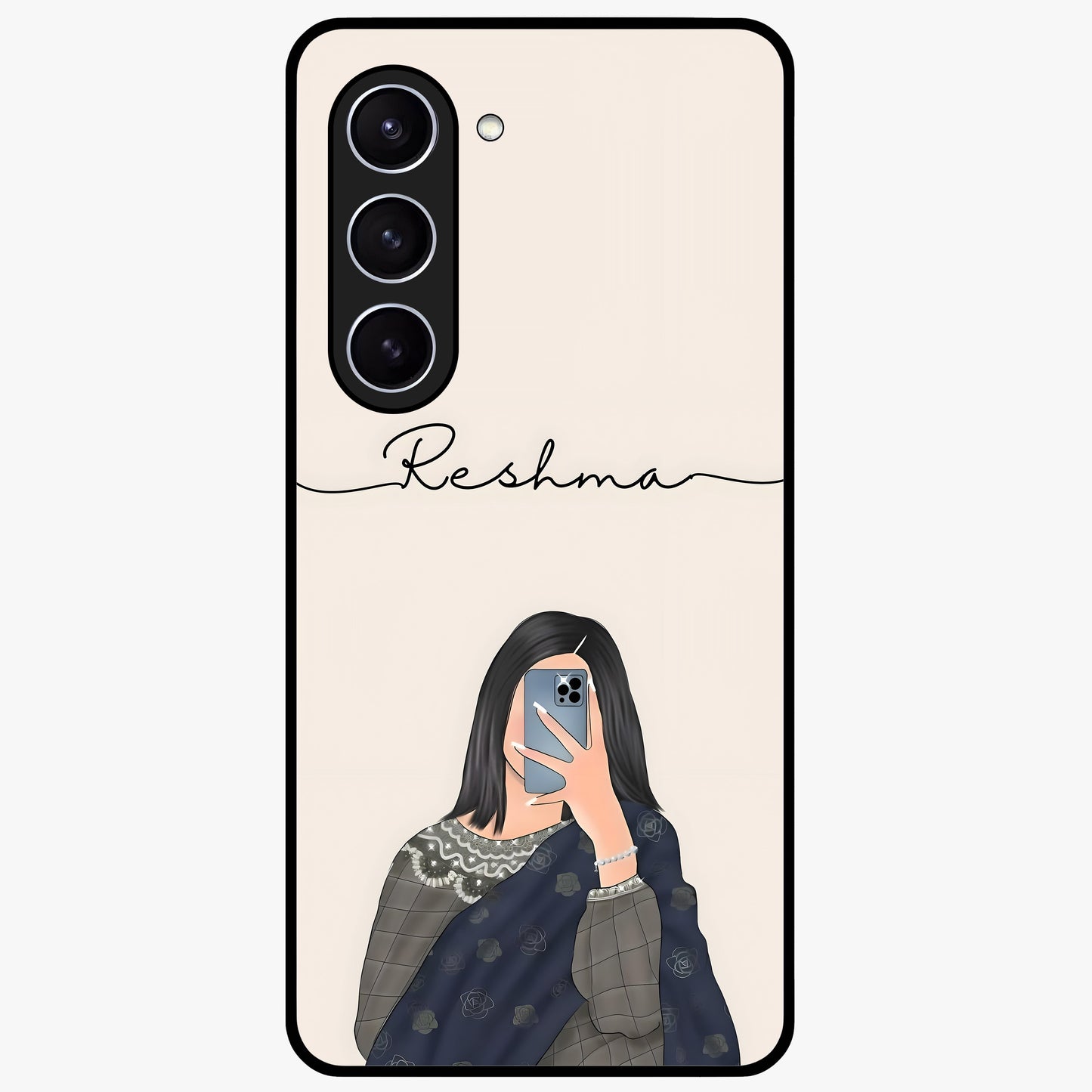 Mirror Mood Muse With Custom Name Glass Case showing flat back view with stylish mirrored artwork and personalized name design.