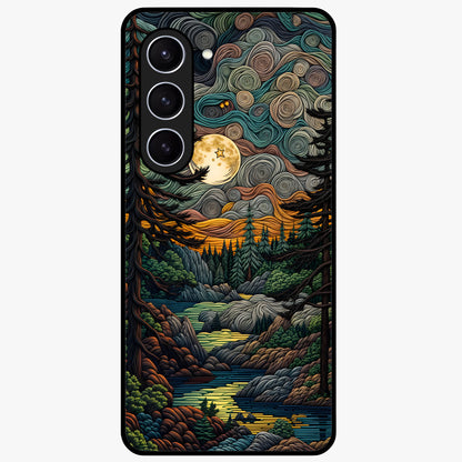 Moonlight Forest Dream Glass Case showing flat back view with mystical forest moonlight artwork and glossy glass finish.