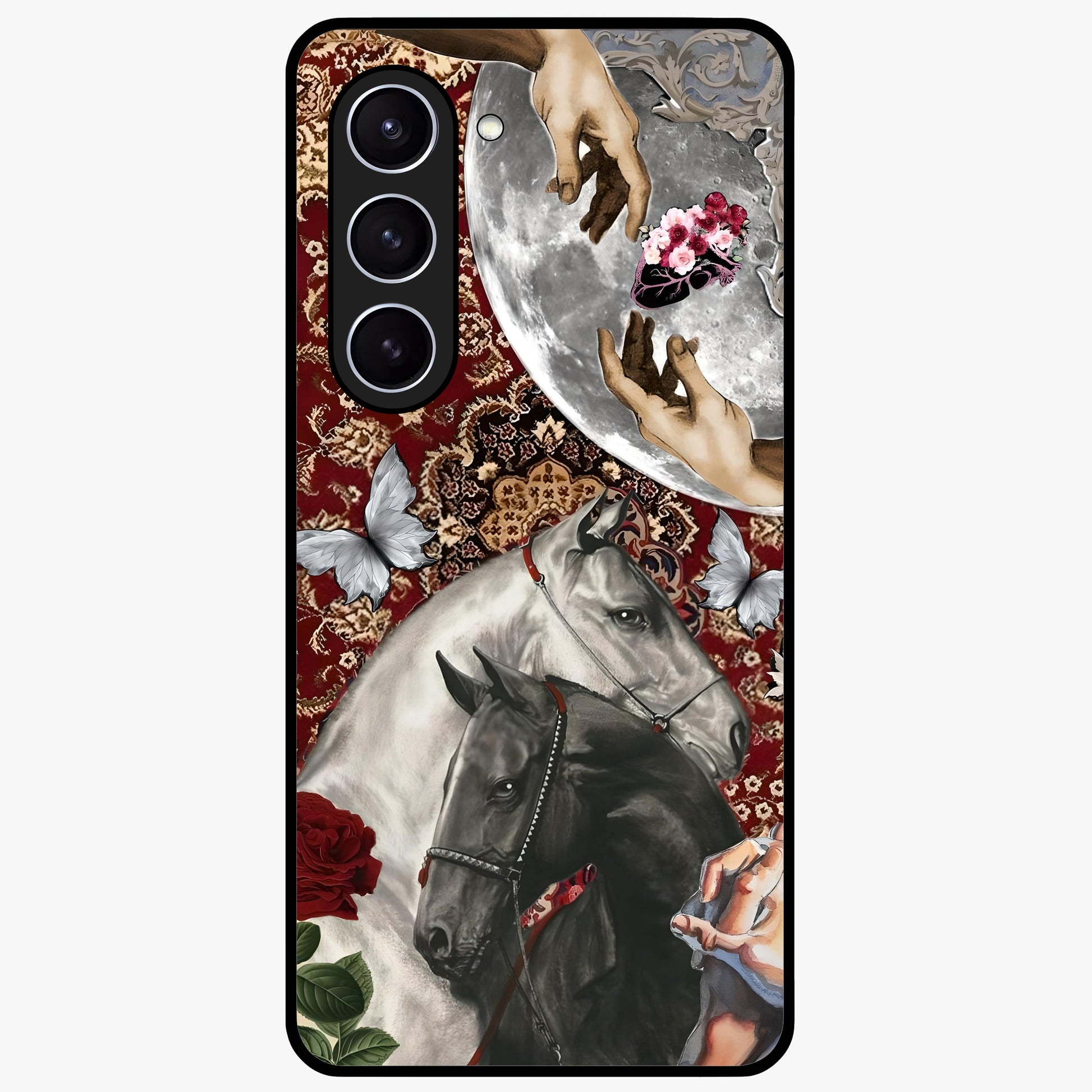 Moonlit Royal Stallion Glass Case showing flat back view with majestic horse under moonlight artwork and glossy glass finish.
