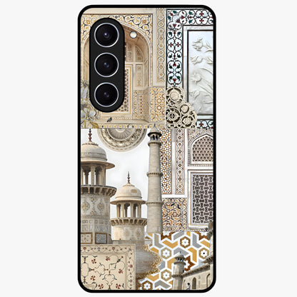 Mughal Marble Legacy Glass Case showing flat back view with intricate Mughal inspired marble pattern and glossy glass finish.