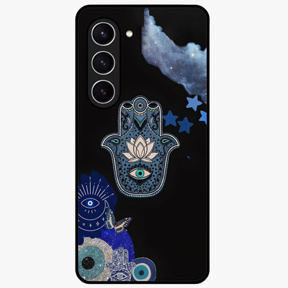 Mystic Hand Aura Glass Case showing flat back view with mystical hand symbol artwork and glossy glass finish.