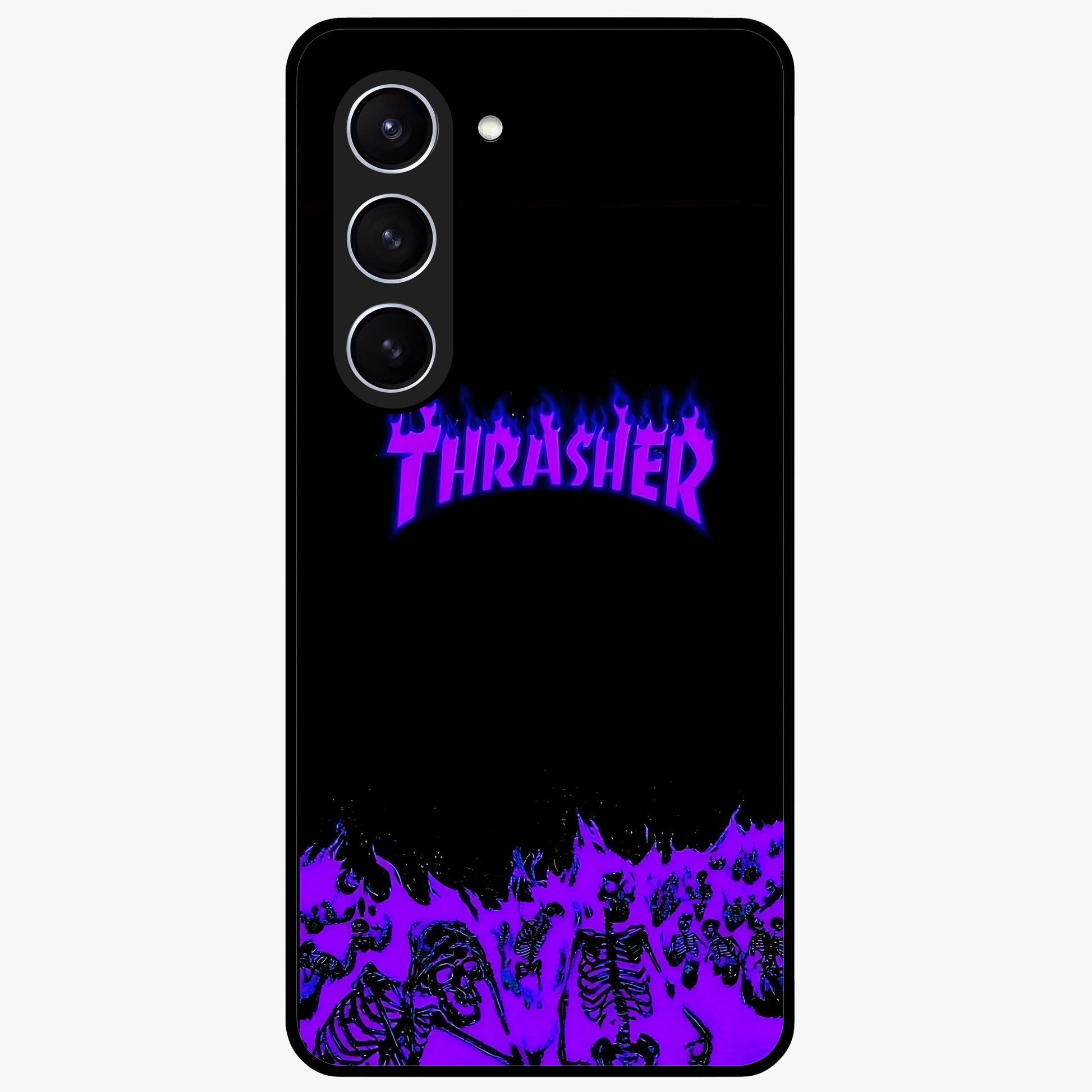 Neon Flame Riot Glass Case showing flat back view with neon flame artwork and glossy glass finish.