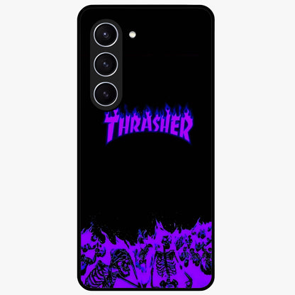 Neon Flame Riot Glass Case showing flat back view with neon flame artwork and glossy glass finish.