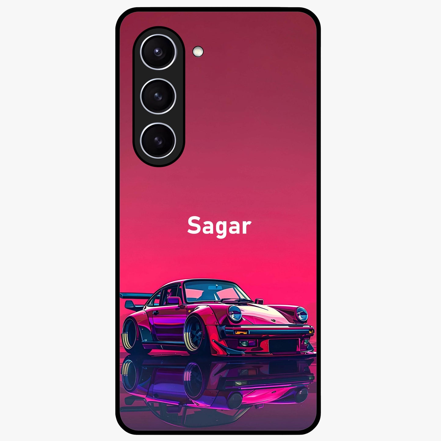Neon Pink Porsche Glass Case showing flat back view with stylish sports car artwork and glossy glass finish.