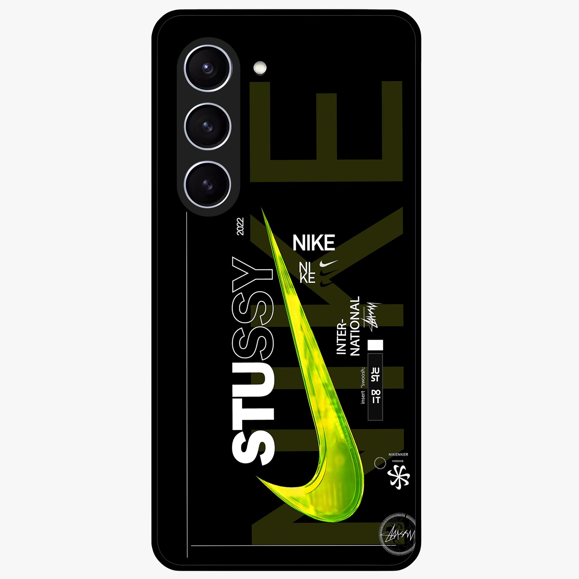 Neon Street Edition Glass Case showing flat back view with neon street style artwork and glossy glass finish.