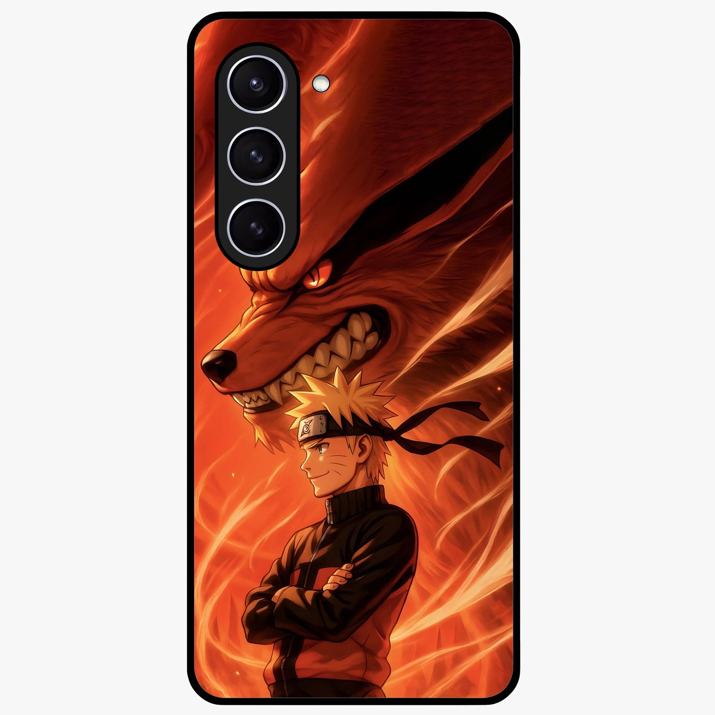 Nine Tails Legacy Glass Case showing flat back view with powerful nine-tailed fox inspired artwork and glossy glass finish.