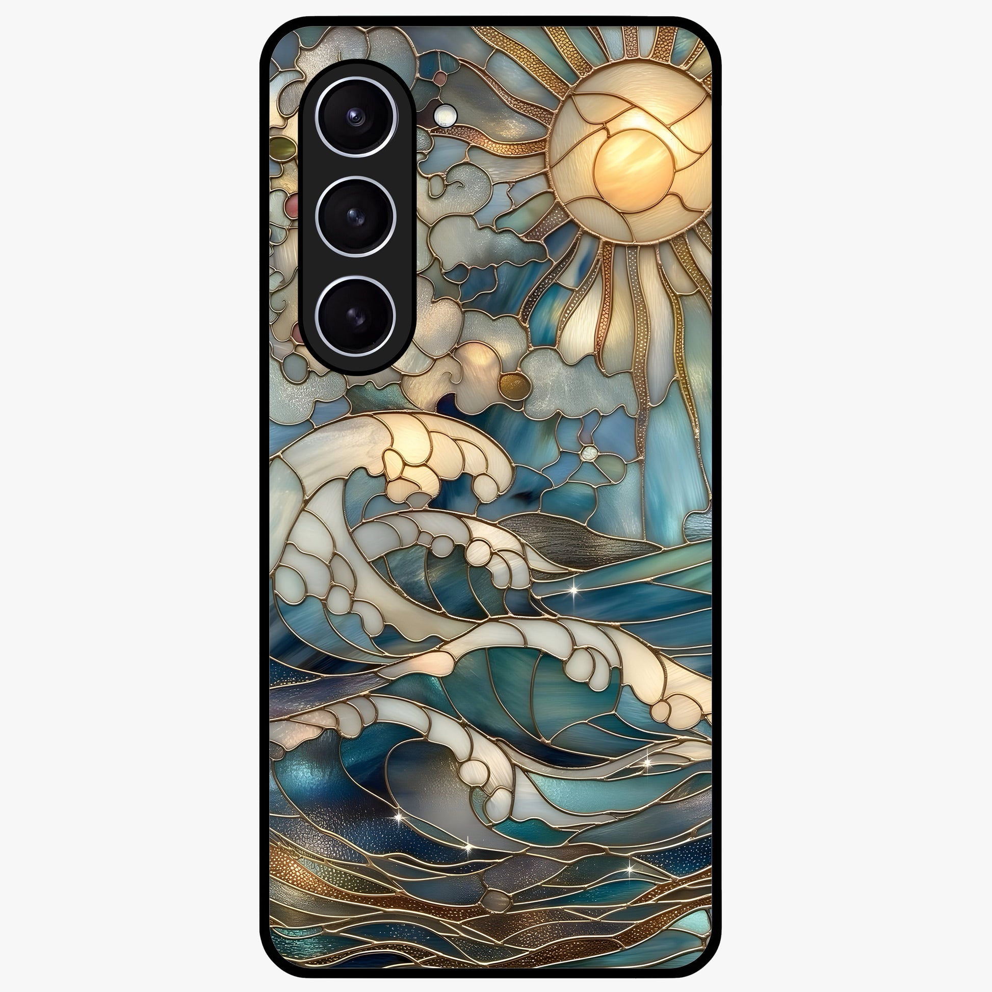 Oceanic Stained Printed Glass Case showing flat back view with ocean inspired stained pattern artwork and glossy glass finish.