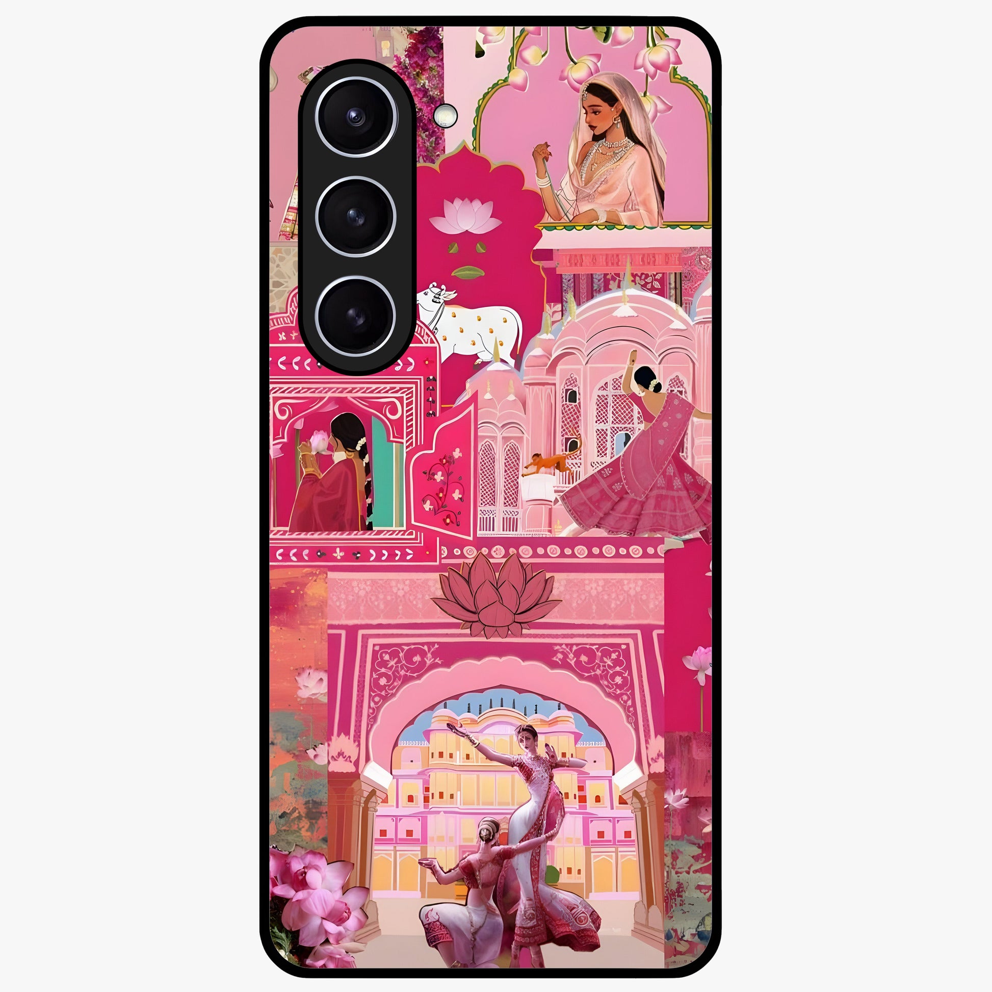 Pink Palace Muse Glass Case showing flat back view with elegant palace inspired artwork and glossy glass finish.