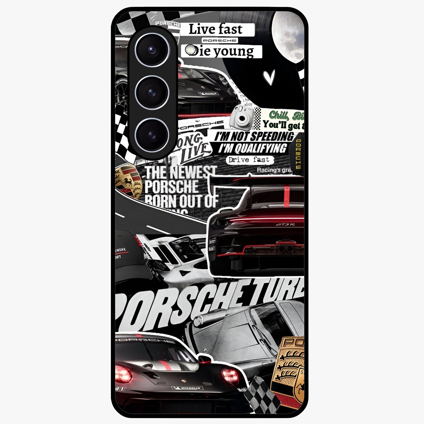 Porsche Racing Collage Glass Case showing flat back view with sports car racing collage artwork and glossy glass finish.