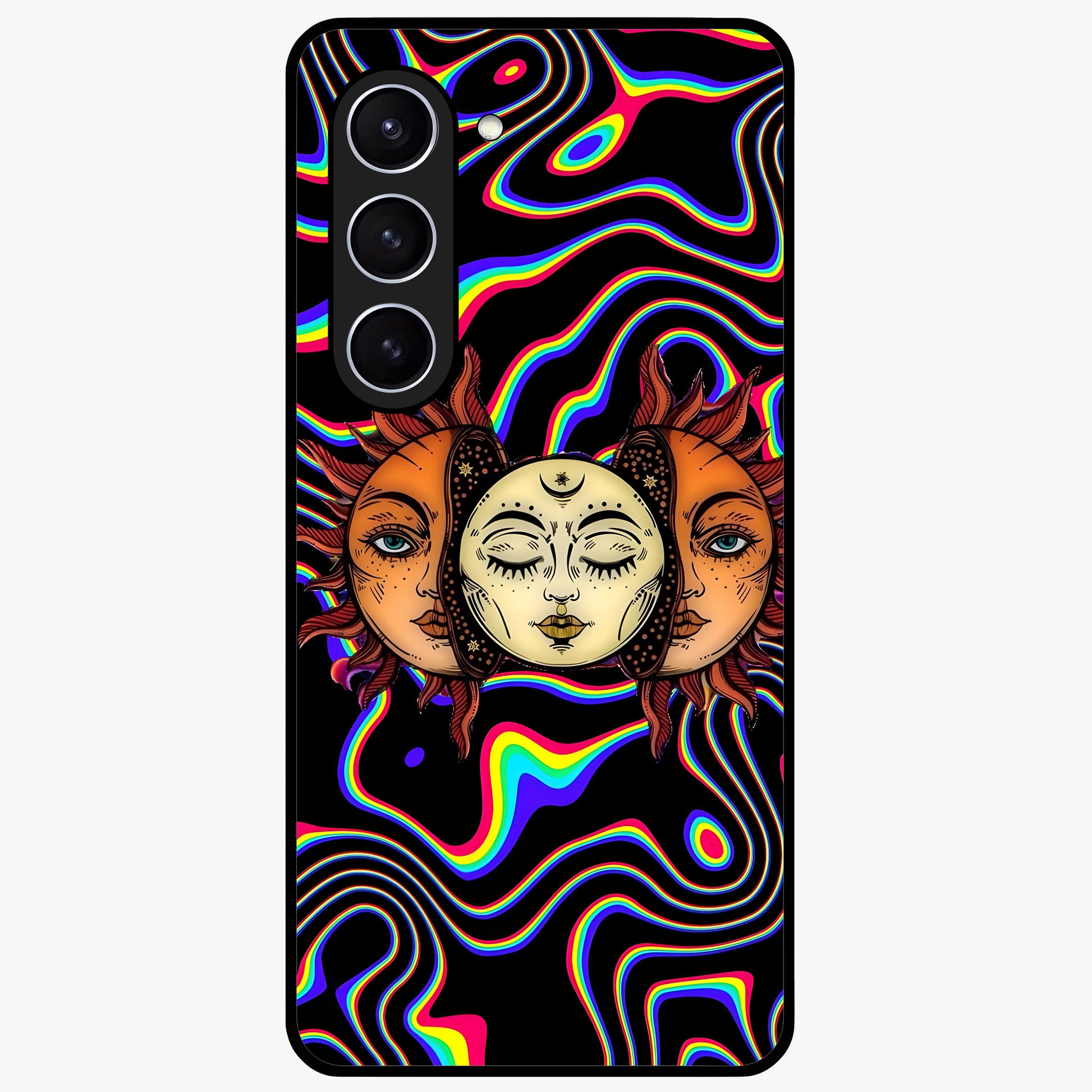 Psychedelic Sun Glass Case showing flat back view with colorful psychedelic sun artwork and glossy glass finish.