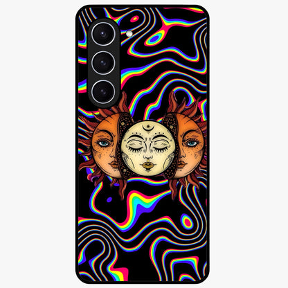 Psychedelic Sun Glass Case showing flat back view with colorful psychedelic sun artwork and glossy glass finish.