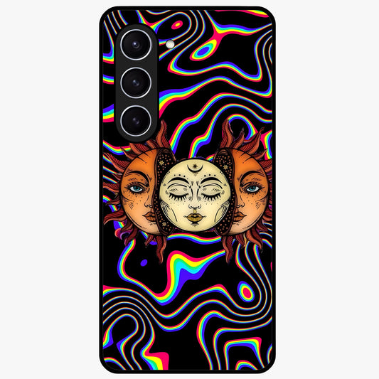 Psychedelic Sun Glass Case showing flat back view with colorful psychedelic sun artwork and glossy glass finish.