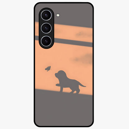 Puppy Shadow Art Glass Case showing flat back view with cute puppy shadow style artwork and glossy glass finish.