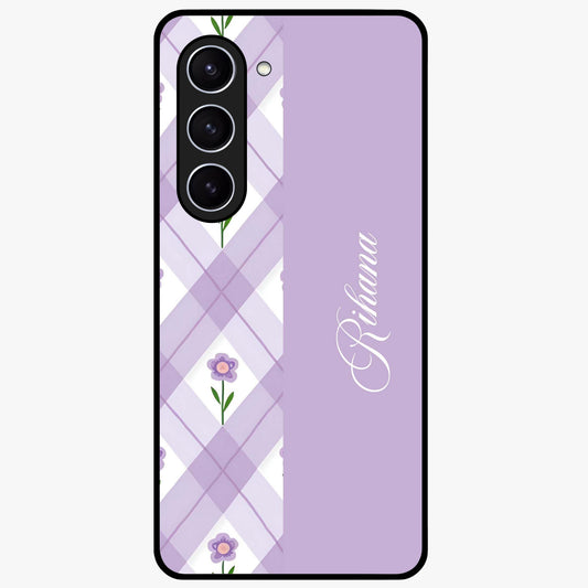 Purple Diamond Floral Glass Case showing flat back view with diamond shaped floral artwork and glossy glass finish.