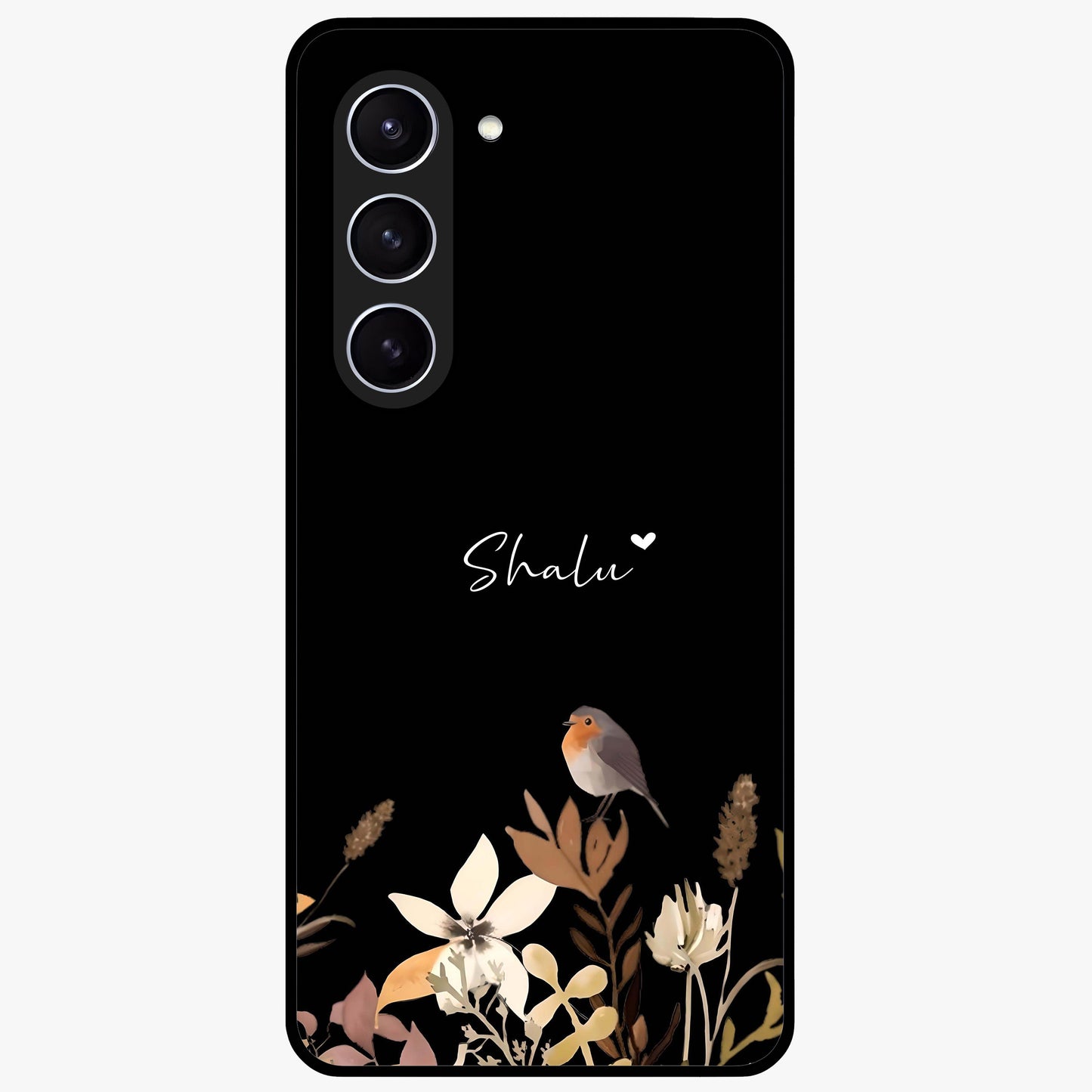 Quiet Garden Tune Custom Name Glass Case showing flat back view with peaceful garden artwork and personalized name design.