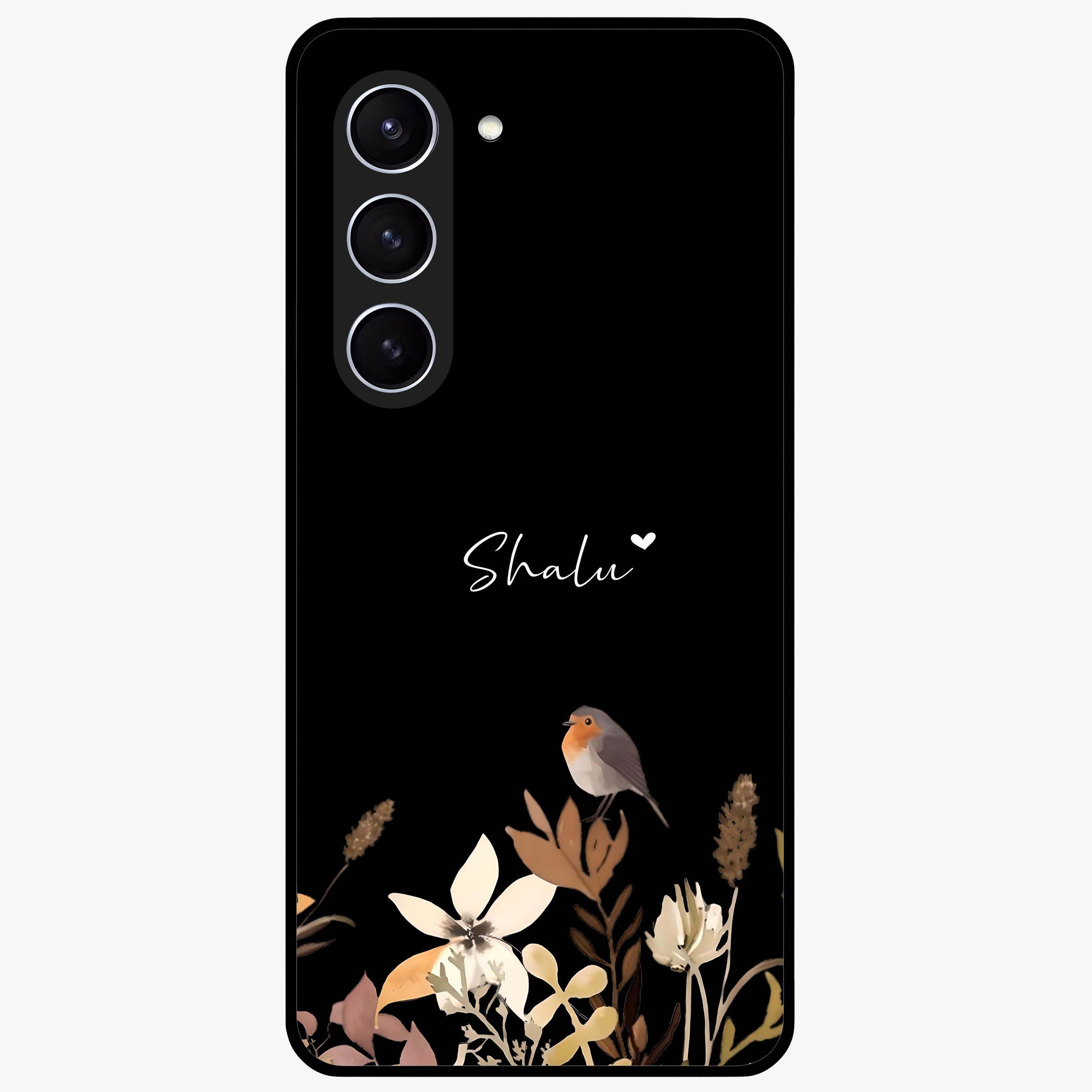 Quiet Garden Tune Custom Name Glass Case showing flat back view with peaceful garden artwork and personalized name design.