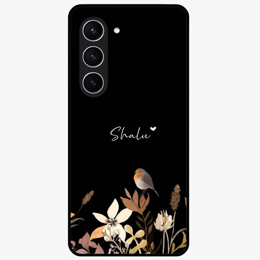 Quiet Garden Tune Custom Name Glass Case showing flat back view with peaceful garden artwork and personalized name design.