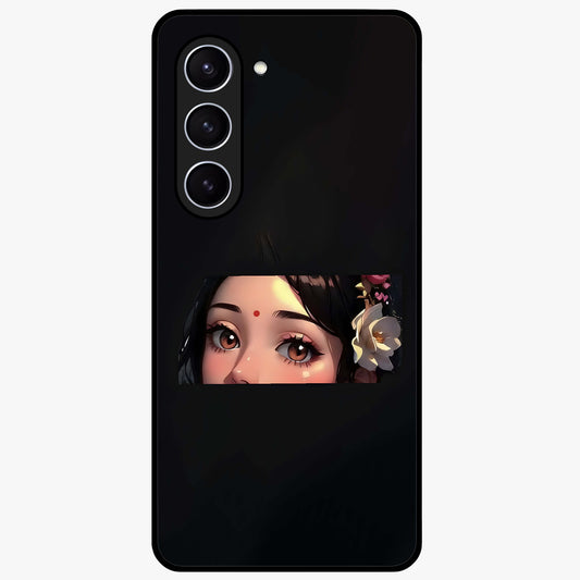 Radha Divine Embrace Glass Case showing flat back view with devotional Radha artwork and glossy glass finish.