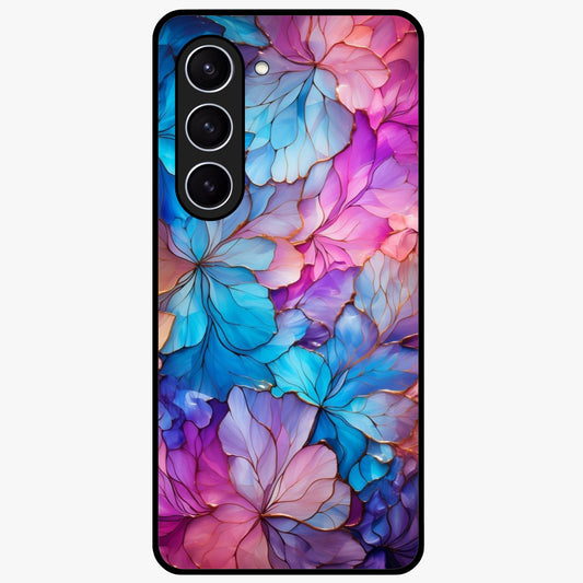 Radiant Floral Whirl Glass Case showing flat back view with swirling floral artwork and glossy glass finish.