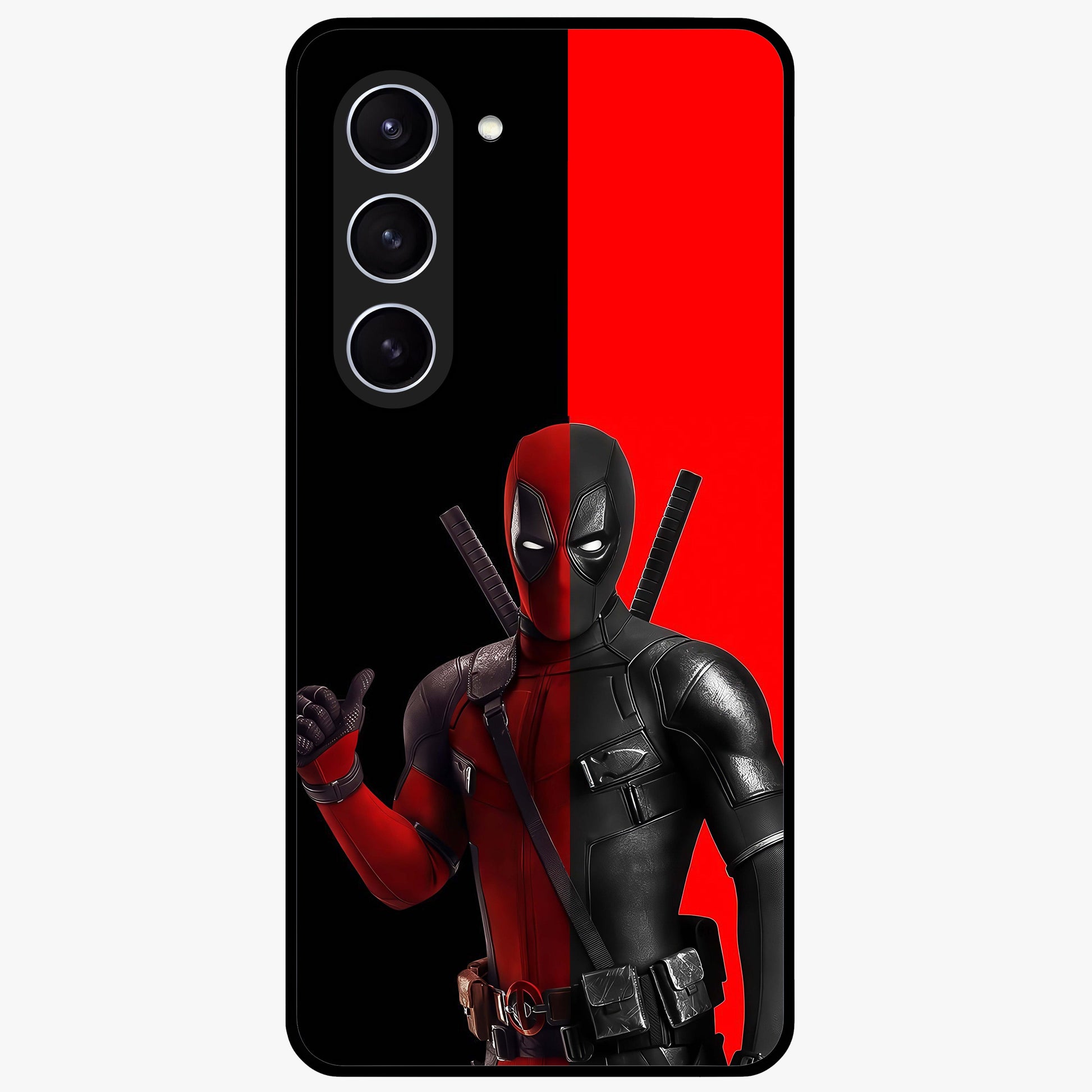 Red & Black Deadpool Theme Glass Case showing flat back view with bold comic inspired artwork and glossy glass finish.