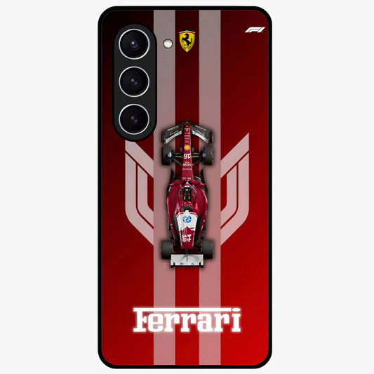Red Ferrari F1 Vertical Glass Case showing flat back view with sleek Formula racing car artwork and glossy glass finish.
