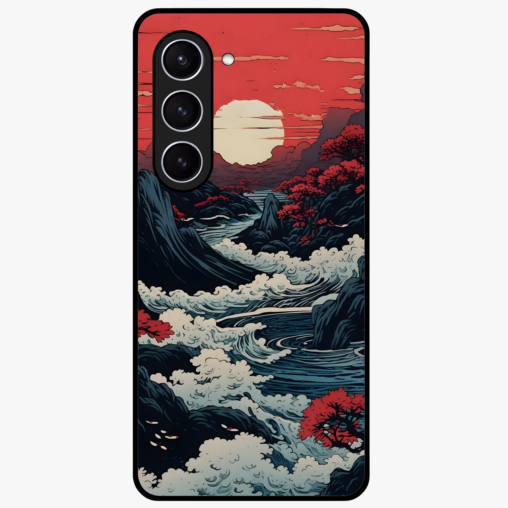 Red Sunset Scenery Glass Case showing flat back view with vibrant sunset landscape artwork and glossy glass finish.