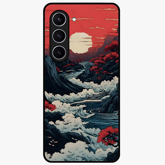 Red Sunset Scenery Glass Case showing flat back view with vibrant sunset landscape artwork and glossy glass finish.