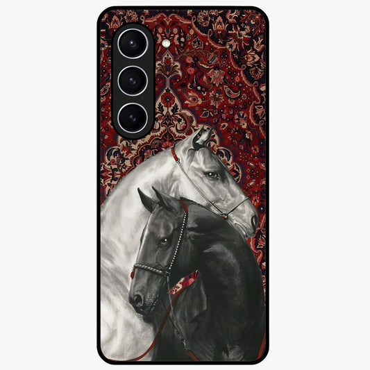 Regal Stallion Tapestry Glass Case showing flat back view with majestic horse tapestry artwork and glossy glass finish.