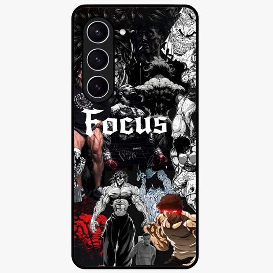 Relentless Power Focus Glass Case showing flat back view with motivational typography artwork and glossy glass finish.
